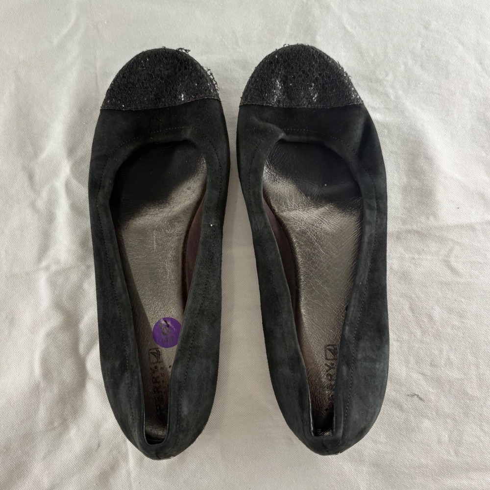 Sperry Top-Sider Womens Black Suede Shimmer Cap Toe Ballet Flats Size 8